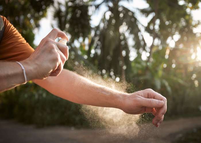 Use insect repellants to prevent Lyme disease: man spraying plants with pesticides.