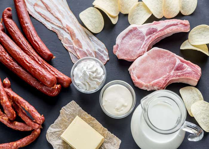 Avoid saturated fats for IBS: different kinds of saturated fat sources including meat, cream, butter, and sausages.
